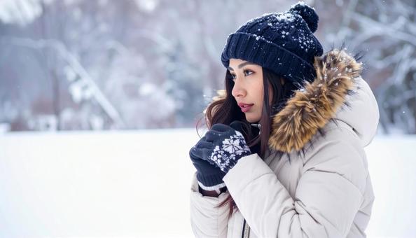 雪山の中の女性の横顔 寒そう 真冬 雪山の中の女性の横顔 寒そう 真冬の写真