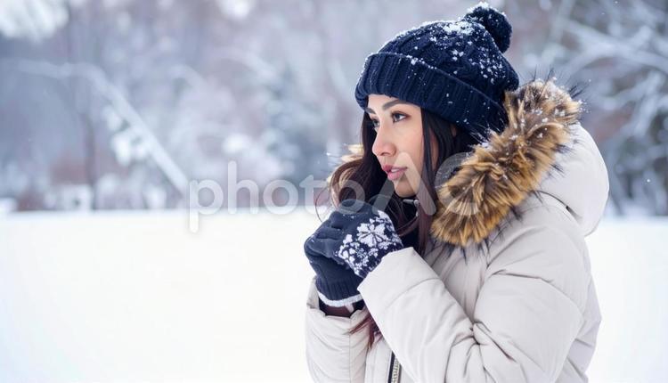 雪山の中の女性の横顔　寒そう　真冬 冬,雪,女性の写真素材