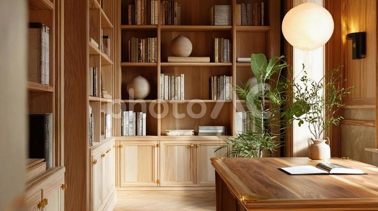 本棚と観葉植物のある部屋 木造住宅,木の家,書籍の写真素材