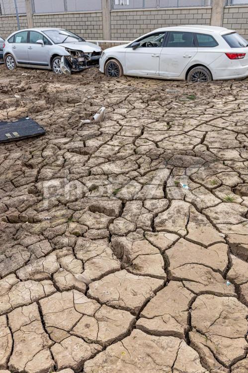 ひび割れた土の地面と複数の廃車 温暖化,水不足,乾燥の写真素材
