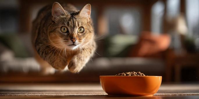 餌に飛びかかる猫 餌に飛びかかる猫の写真