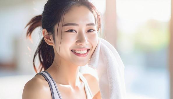 汗を拭く女性 汗を拭く女性の写真