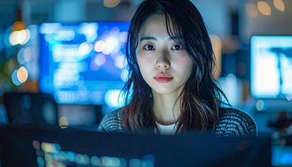 未来的なオフィスで作業するプログラマーの写真