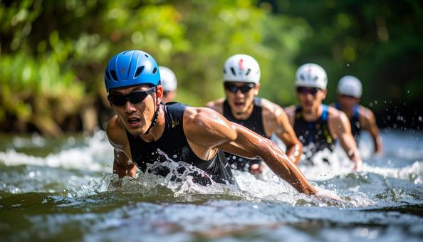 トライアスロン 一斉に水に飛び込む選手 トライアスロン 一斉に水に飛び込む選手の写真