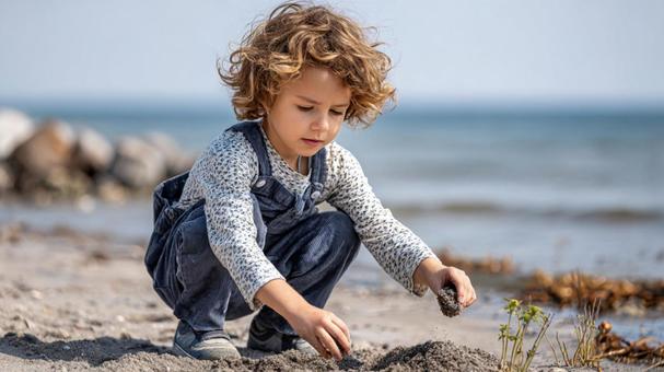 波打ち際で砂遊びをする子ども 波打ち際で砂遊びをする子どもの写真