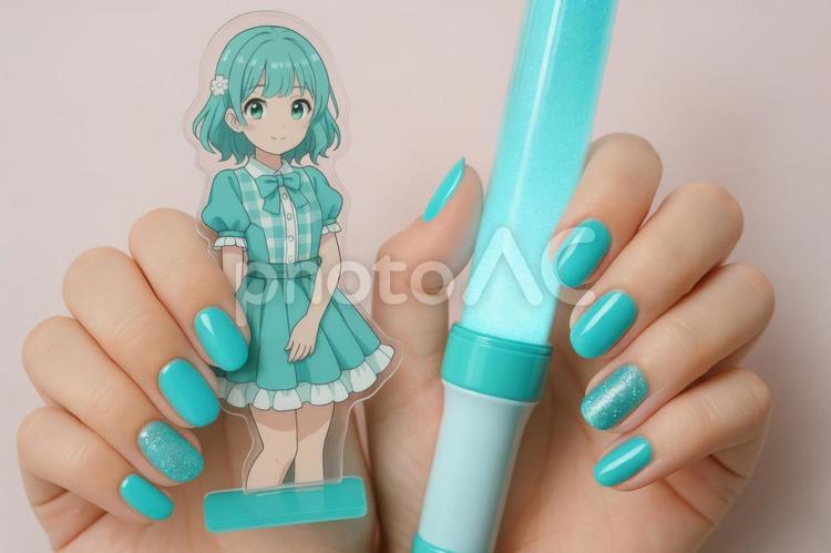 推しカラーのネイルとグッズの組み合わせ 推し活,ネイル,日本の写真素材