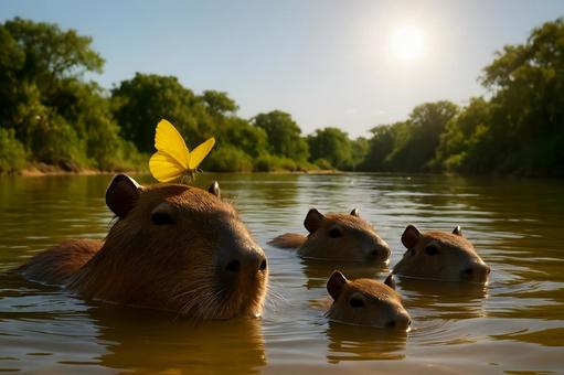 川を進むカピバラ 川を進むカピバラの写真
