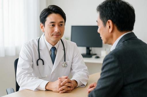 診察室で向き合う医師と患者 診察室で向き合う医師と患者の写真