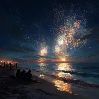 夜の海に映る鮮やかな花火と夏祭りの情景 夜の海に映る鮮やかな花火と夏祭りの情景の写真