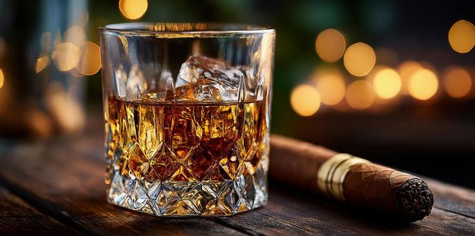 カウンターに置かれたウイスキーとシガー カウンターに置かれたウイスキーとシガーの写真