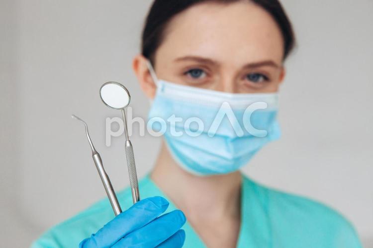 医療器具を持った女性のアップ 667,女性,歯科医の写真素材