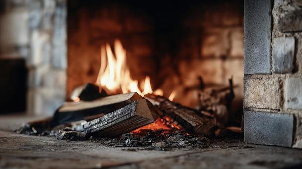 煉瓦の炉で燃える薪と炎の写真