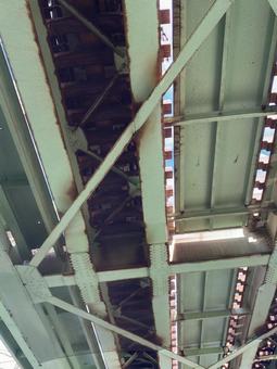 Photo, behind the bridge, steel structure, rust, 
