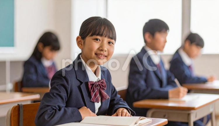 教室の机で勉強する女の子 教室,宿題,予習の写真素材
