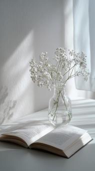 白い花と洋書がおしゃれな窓辺のインテリア 白い花と洋書がおしゃれな窓辺のインテリアの写真