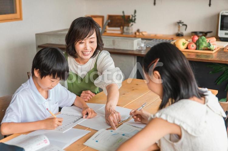 家で夏休みの宿題をする子供達と手伝う母親 宿題,勉強,子供の写真素材