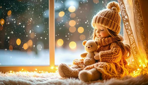 窓辺の女の子の人形の写真