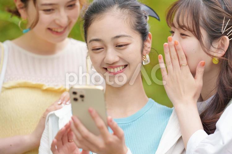 公園でスマートフォンを見ている3人の女性 女子旅,女性,日本人の写真素材