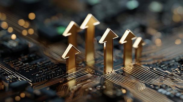 回路基盤と成長の矢印を組み合わせた背景の写真