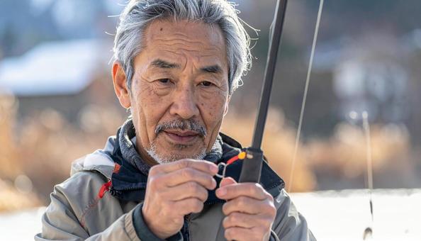釣り竿にオモリを付けるシニア男性 釣り竿にオモリを付けるシニア男性の写真