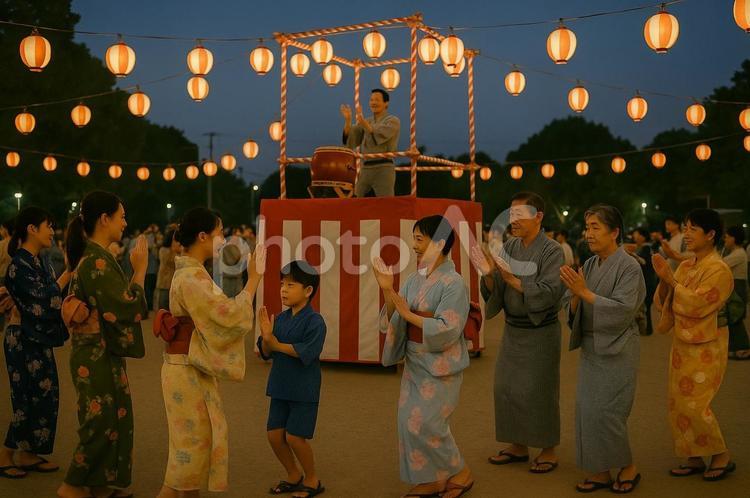盆踊り大会の様子 着物,人混み,祭の写真素材
