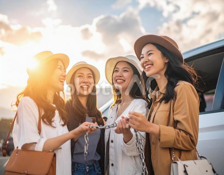 友人と旅行 女性,旅行,記念写真の写真素材