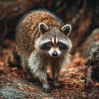 森の中でたたずむアライグマの野生写真 森の中でたたずむアライグマの野生写真の写真
