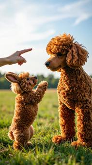 プードルの子犬が立って芸をする様子 プードルの子犬が立って芸をする様子の写真
