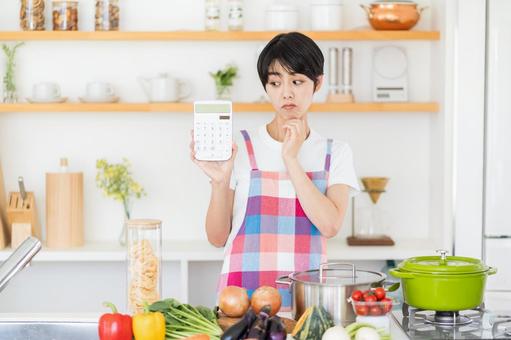 電卓を持って悩む主婦。 電卓を持って悩む主婦。の写真