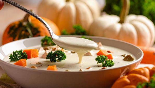 クリームシチューをスプーンで掬う クリームシチューをスプーンで掬うの写真