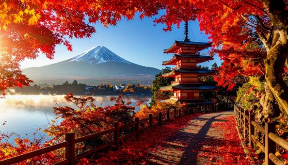 紅葉に包まれた五重塔と富士山 紅葉に包まれた五重塔と富士山の写真