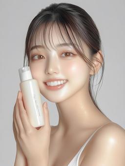 笑顔の若い女性と美容化粧品ボトル 笑顔の若い女性と美容化粧品ボトルの写真