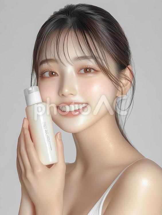 笑顔の若い女性と美容化粧品ボトル 女性,美容,スキンケアの写真素材