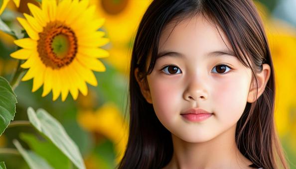 夏のヒマワリの花と少女のポートレート 夏のヒマワリの花と少女のポートレートの写真