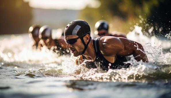 トライアスロン 一斉に水に飛び込む選手 トライアスロン 一斉に水に飛び込む選手の写真
