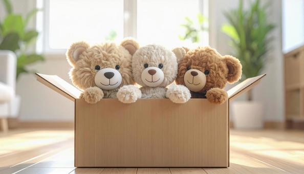 ダンボール箱に入ったクマのぬいぐるみ ダンボール箱に入ったクマのぬいぐるみの写真