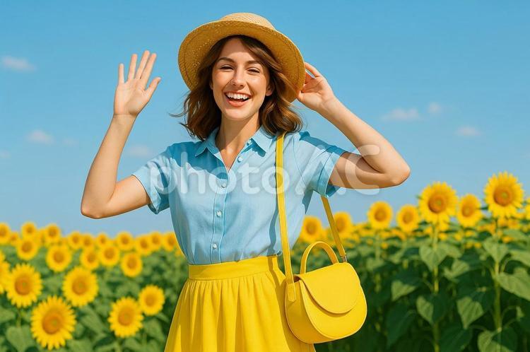 夏のひまわり畑で笑顔 人物,夏,ひまわりの写真素材