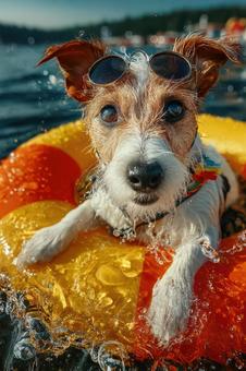 サングラスをかけて浮き輪に乗る犬 サングラスをかけて浮き輪に乗る犬の写真