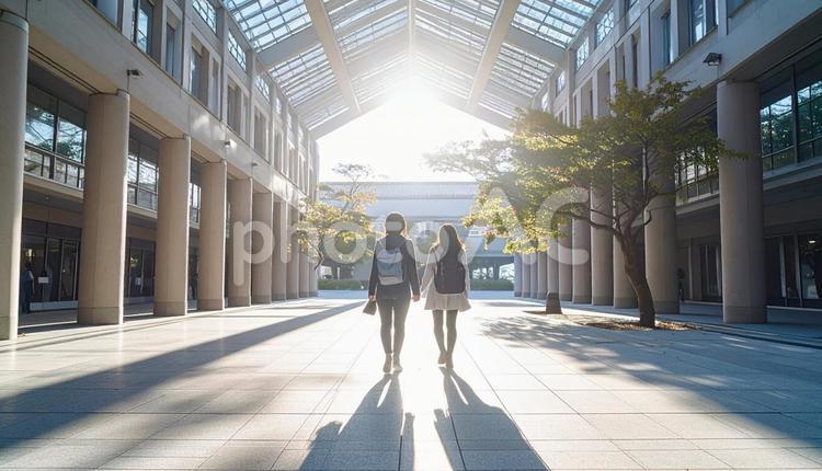 大学のキャンバスを並んで歩く大学生男女 男女,2人,デートの写真素材