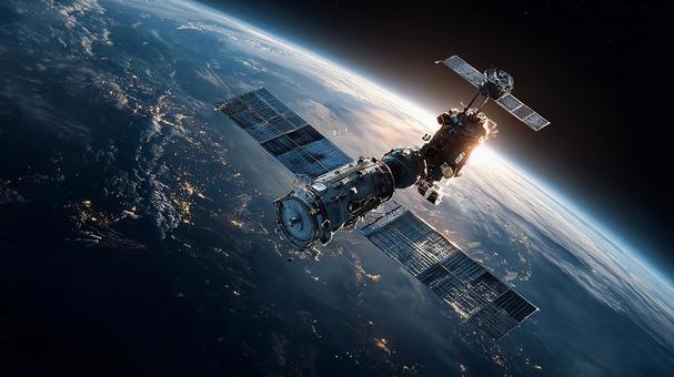 人類の進歩を象徴する衛星と地球の写真