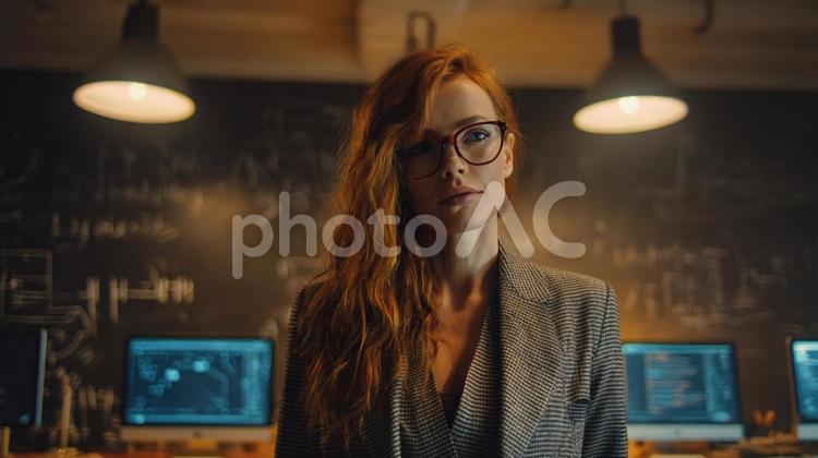赤毛と眼鏡が魅力的なキャリアウーマン 女性,30代,知的の写真素材