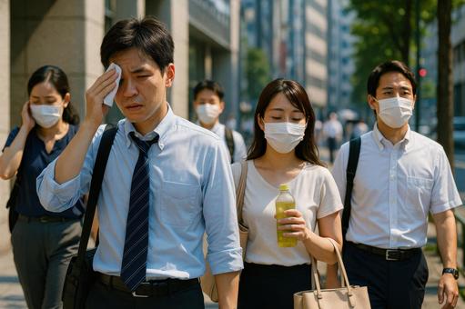 暑い中でマスクを着用する人々 暑い中でマスクを着用する人々の写真