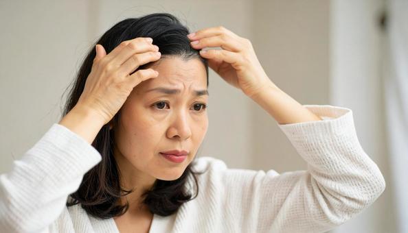 鏡の前で抜け毛を確認する中年女性 鏡の前で抜け毛を確認する中年女性の写真
