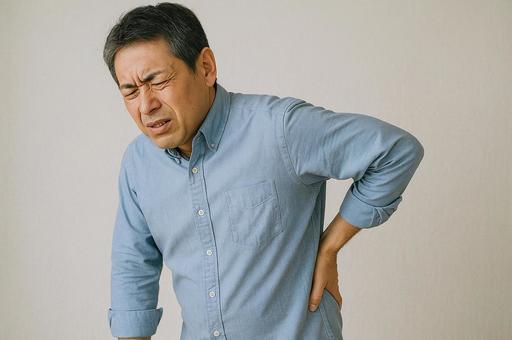 腰に手を当てて痛みをこらえる中年男性 腰に手を当てて痛みをこらえる中年男性の写真