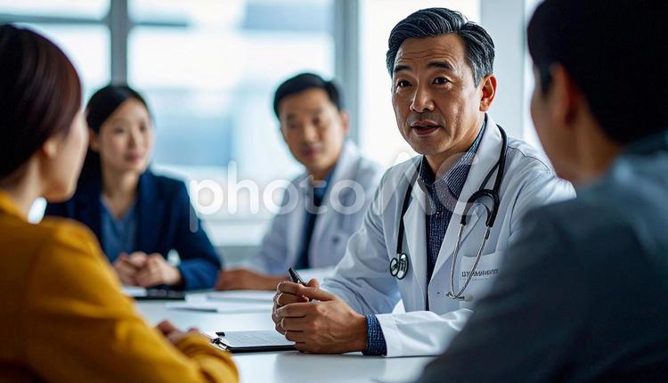 治験の説明会で患者へ詳細を説明する医師 説明会,医師,患者の写真素材
