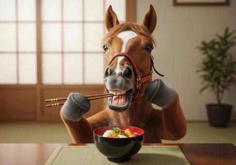 正月にお雑煮を食べる馬 正月にお雑煮を食べる馬の写真