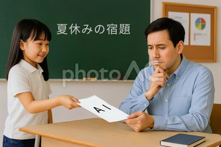 AIで作った宿題と小学生と困惑する教師 ai,生成ai,夏休みの宿題の写真素材