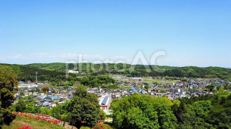 五大尊つつじ公園・ツツジ＆家並み・越生町 春,ツツジ,春の花の写真素材