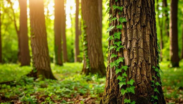 樹皮の粗い木の幹に沿って絡みつくツタ植物 樹皮の粗い木の幹に沿って絡みつくツタ植物の写真