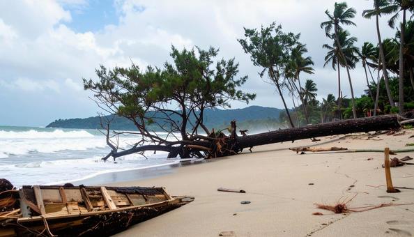 台風が来て倒れてしまった海辺の松の木 台風が来て倒れてしまった海辺の松の木の写真